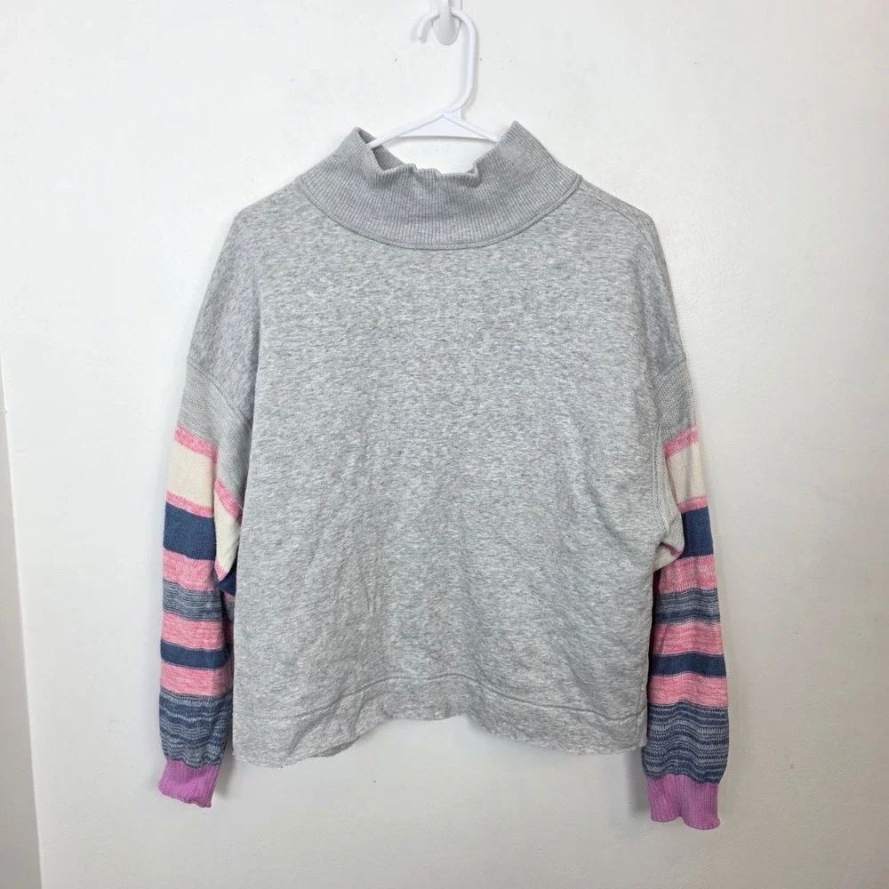 Sundance Gray Blue Pink Striped Sleeve Lounge‎ Boxy Mock Neck Comfy Sweater XS